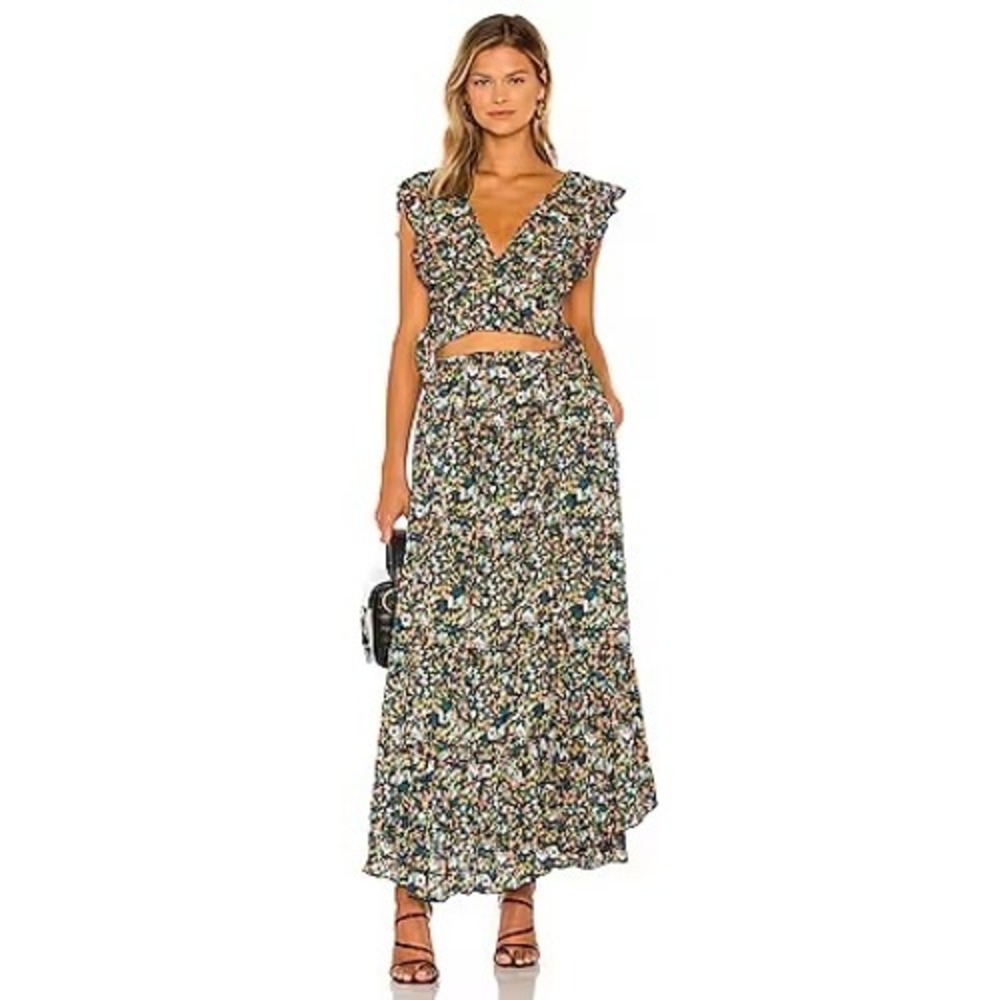 Free People Floral Two Piece Set Crop Top High Low Maxi Skirt XS Navy Yellow